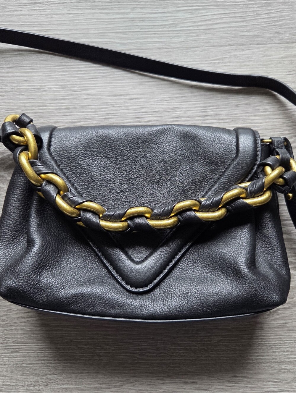 New Vince Camuto Lyona Black Leather Bag with Gold Chain Accent